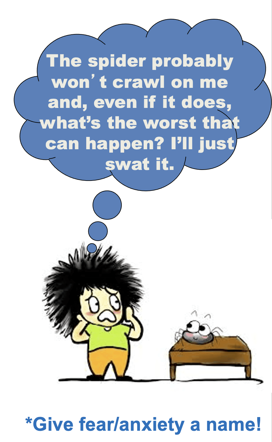 Cartoon illustrating cognitive restructuring by showing a person thinking about challenging their fear of a spider.